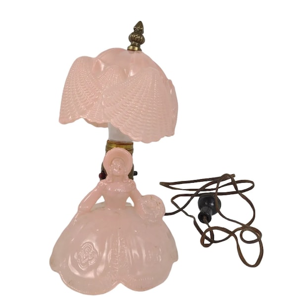 Vintage LE Smith Pink Glass Southern Belle Lady Boudoir Dresser Lamp & Shade