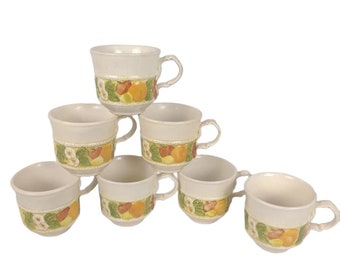 Vintage 1960s Set of 7 Metlox DELLA ROBBIA Earthenware Mugs Poppytrail California, Fruit Designs