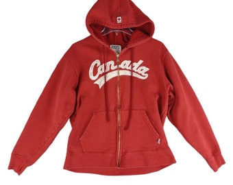 Vintage 90s Y2K ROOTS Athletics CANADA Red Full Zip Hoodie Jacket, Men's S Fleece Sweatshirt