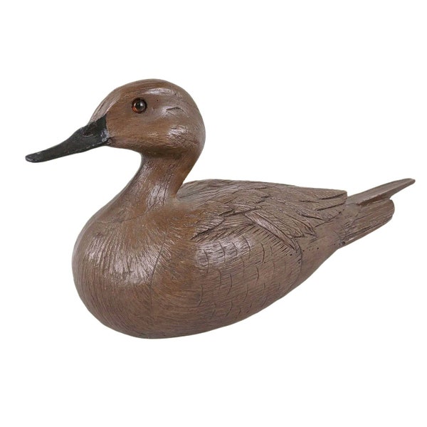 Vintage Brown 9.5" Decoy Duck, Glass Eyes, Carved Wood-Look Composite Figurine