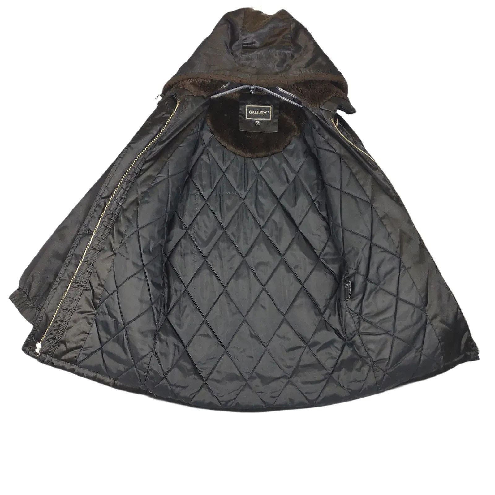 Vintage Y2K GALLERY Black Satin Faux Fur Hood Full Zip