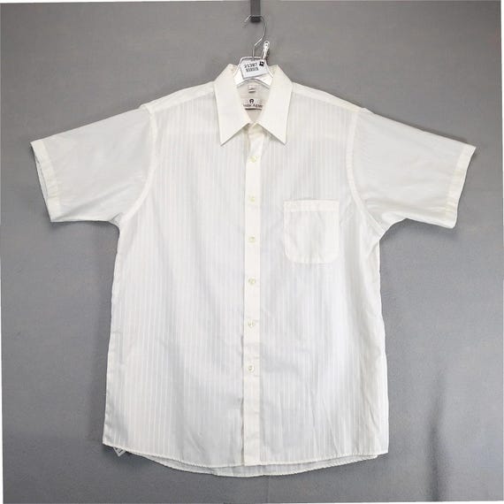 mens ivory short sleeve dress shirt Etienne Aigner 16.5 Striped Logo Pocket Dad Oxford shirt