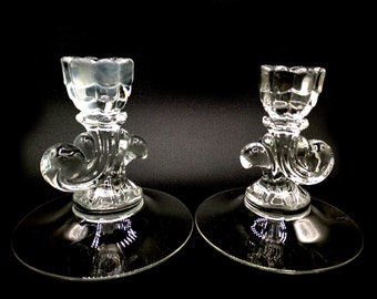 Pair of 1940s Vintage Cambridge Glass Cascade Clear Single Candle Stick Holders