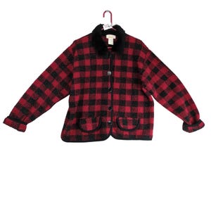 May include: A red and black plaid jacket with a black faux fur collar and black trim. The jacket has two front pockets and is buttoned up. The jacket is hanging on a hanger.
