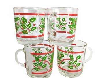 Set of 4 Vintage Durax Christmas Holly Tempered Glass Mugs Argentina Holiday
