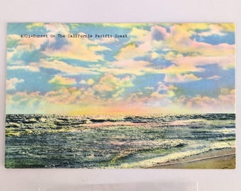 Sunset on the California Pacific Coast 1940s Linen Postcard 1947 Hemet CA