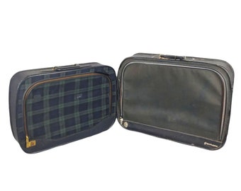 Vintage Set of 2 Grasshopper Luggage Suitcases Black & Green-Blue Plaid 26" 22"