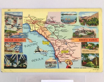 Southern California's Romantic Highways 1930s Linen Postcard Map Los Angeles +