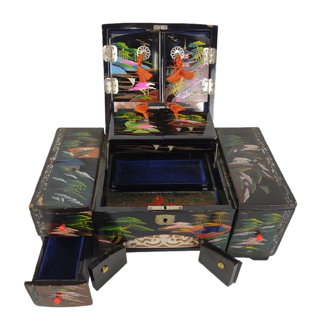 Vintage Midcentury Handpainted Crestline Japanese Asian Wood Jewelry Music Box With Mirror