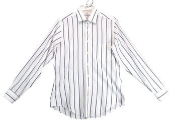 Etienne Aigner Vintage Striped Dress Shirt Mens 15.5 White Blue Made USA Pocket