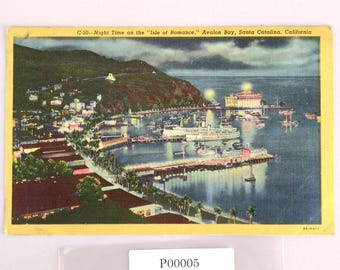 Vintage 1954 Linen Postcard Avalon Bay Santa Catalina Night Time California