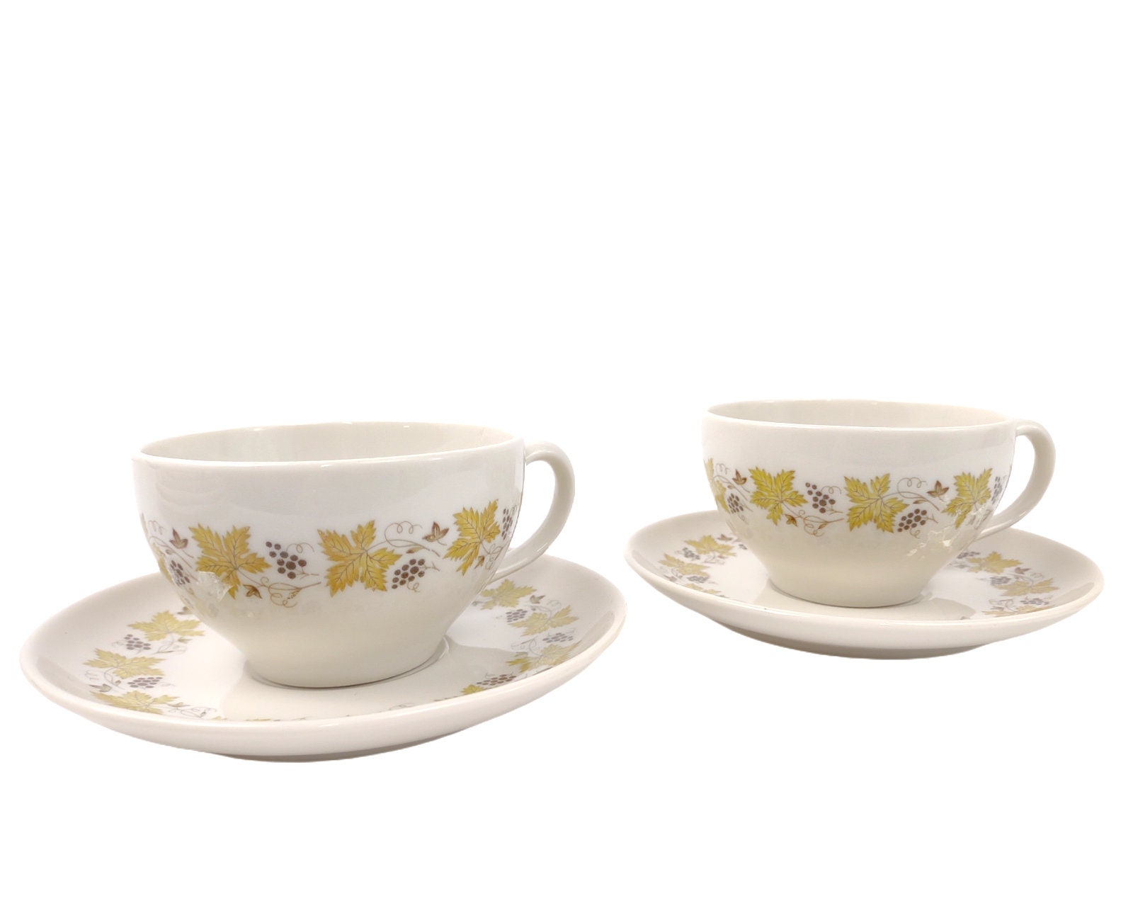 Set of 2 Syracuse China VINTAGE Cups & Saucers c1966-70, Grape Leaves Carefree
