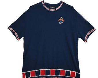 Vintage 90s Southern Lady Women's L Nautical Flag Anchor Navy Sweater Knit Top Maritime