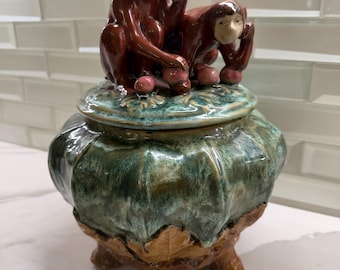 Majolica Sienna Monkeys with Peaches Sancai Cookie Jar  12 3/4" tall