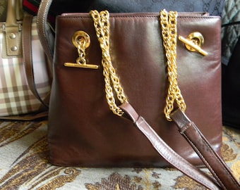 Frenchy of California  Leather Handbag Vintage Brown Shoulder Strap with Gold Chain Crossbody also