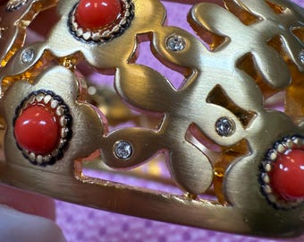 Vintage Brighton Hinged Cuff Bracelet: Brushed Gold, Salmon Ceramic, Crystal Inlay, Size 7