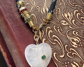 Paracord necklace with quartz heart pendant and sliding charms 17”