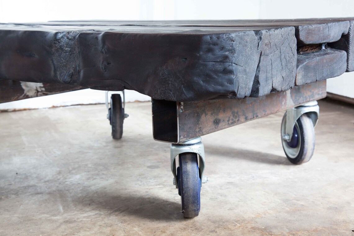 Industrial Trolley Coffee Table Yakisugi Wood on Wheels Etsy