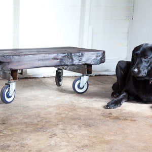 Industrial Trolley Coffee Table Yakisugi Wood on Wheels