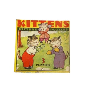 Vintage 1941 Box 3 Kitten Picture Puzzles Saalfield Pub CO All Pieces Assemblage
