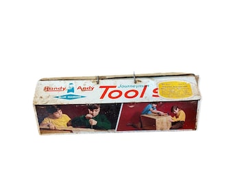Vintage Handy Andy Tool Box Empty Good Cond Original Tags Slanted Lid Display