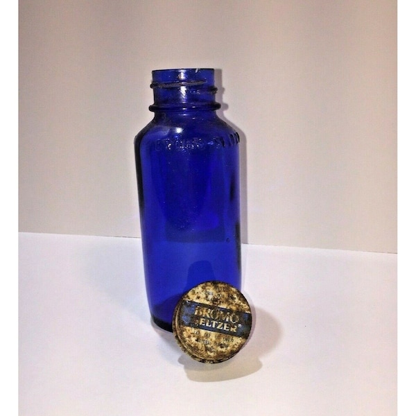 Bromo Seltzer Cobalt Blue Bottle With Cap 5 Inches Tall Display Medical Vintage