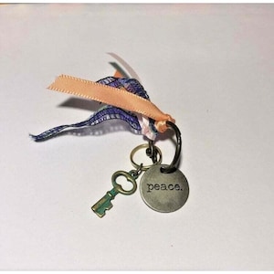May include: A silver key charm with a small key and a round charm that says "peace." The charm is attached to a pink and purple ribbon.