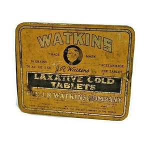 Vintage Watkins Laxative Cold Tablets Slider Top Tin Aged Condition Medical Adv