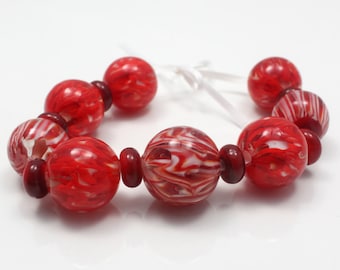 Red, White & Clear Zig Zag Handmade Lampwork Glass Bead Set, Set of 8, SRA