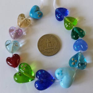 Blues, Turquoises, Greens, Red and Pink Glass Heart Handmade Lampwork Beads, Bead Set of 13, SRA