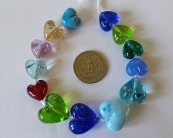 Blues, Turquoises, Greens, Red and Pink Glass Heart Handmade Lampwork Beads, Bead Set of 13, SRA