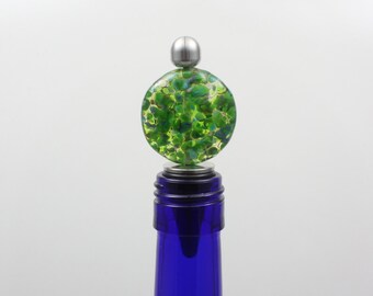 Green Speckled Handmade Lampwork Glass Bead Wine Stopper, Stainless Steel, Christmas Gift