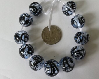 Pale Blue Hollow with Black Swirls Handmade Glass Lampwork Beads, Bead Set of 11, SRA