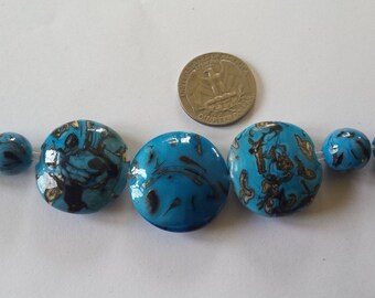 Turquoise Blue and Black Handmade Lampwork Glass Beads, Bead Set of 7, SRA