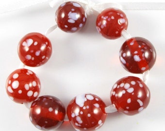 Red Glass Beads, Handmade Lampwork Glass Cherry Round Bead Set Sprinkled with White Frit for Valentine's Day