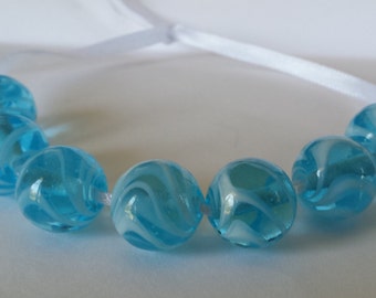 Lampwork beads, Glass beads, Lampwork Glass Beads, Turquoise Glass beads, Swirled Beads, Bead Set, Blue and White, SRA, Set of 7