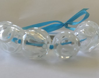 Hollow lampwork glass beads, clear glass with white scroll work, set of glass beads, set of 6, SRA