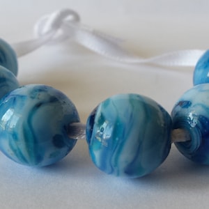 Lampwork beads, glass beads, handmade lampwork beads, blue swirled beads, bead set, beachy beads, round beads, SRA