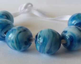 Lampwork beads, glass beads, handmade lampwork beads, blue swirled beads, bead set, beachy beads, round beads, SRA
