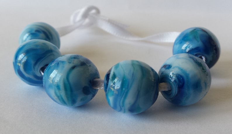 Lampwork beads, glass beads, handmade lampwork beads, blue swirled beads, bead set, beachy beads, round beads, SRA image 1