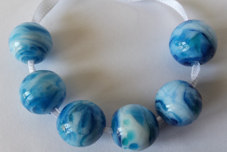 Lampwork beads, glass beads, handmade lampwork beads, blue swirled beads, bead set, beachy beads, round beads, SRA image 2