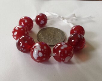 Red and White Speckled Glass Lampwork Beads, Bead Set of 8, SRA