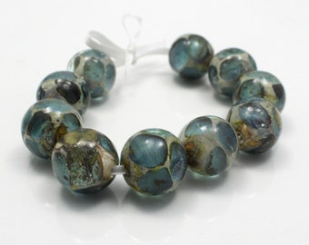 Lampwork Beads, Glass Beads, Turquoise and Silvered Ivory Spotted Handmade Lampwork Bead Set of 10