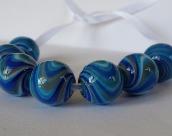 Lampwork bead set, Glass bead set, Turqoise and Blue swirled beads, Handmade Beads, SRA, Round beads, Set of 7