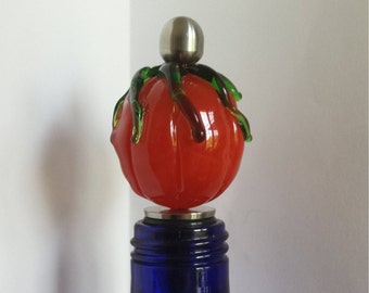 Orange Glass Lampwork Pumpkin Bead WineStopper, Stainless Steel base, One Of A Kind, SRA