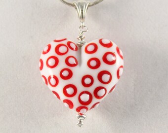 White Heart Pendant with Red Dots Lampwork Glass Bead with Sterling Silver findings