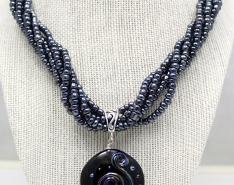 Black Handmade Lampwork Glass Focal with Silvered Scroll, Sterling Silver Metallic Multi Strand (6) Necklace