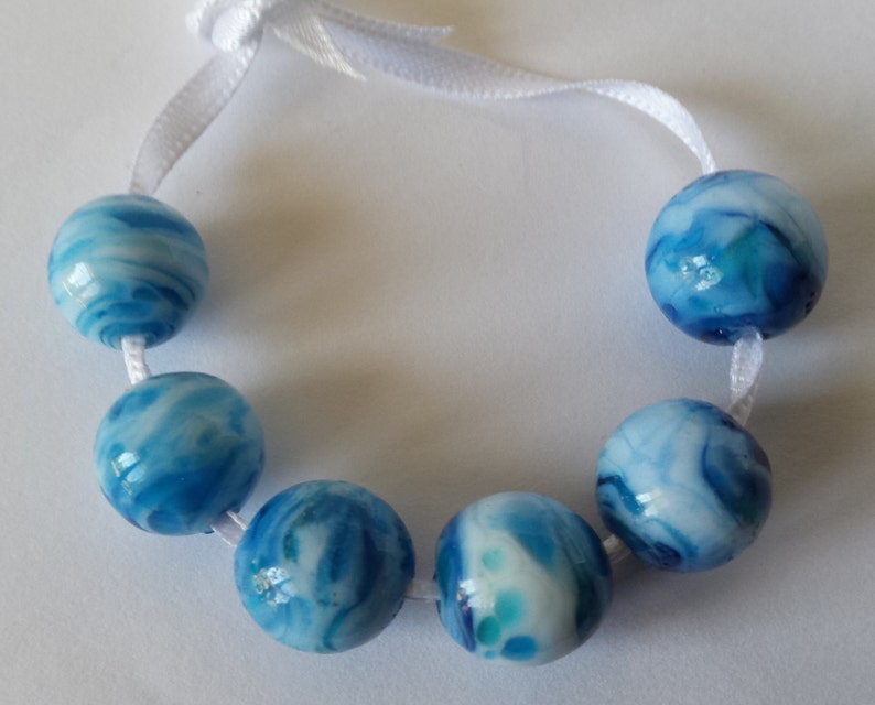 Lampwork beads, glass beads, handmade lampwork beads, blue swirled beads, bead set, beachy beads, round beads, SRA image 4