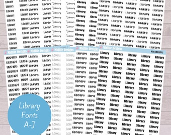 Library script stickers, library planner stickers, reading stickers, trip to the library, study at the library, library books, fonts A-J