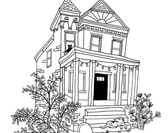 Custom House Portrait Illustration Hand Drawn Line Drawing